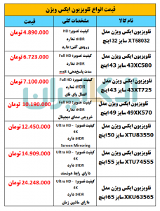 قیمت انواع تلویزیون ایکس ویژن
